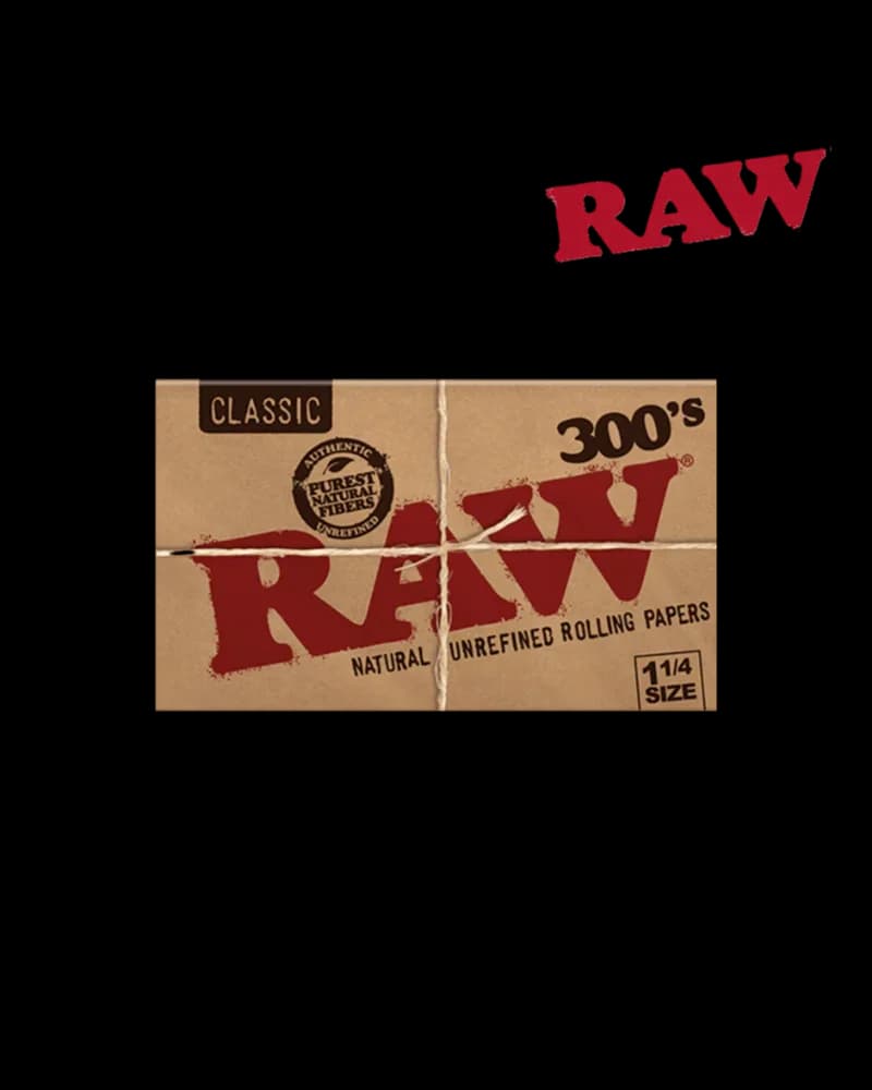 Raw Classic 300's Natural Unrefined Rolling Papers, 1 1/4 size, kraft package with red branding