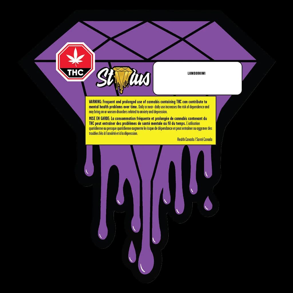 Status Lamborkiwi Liquid Diamond disposable vape pen packaging with purple dripping design, THC warning symbol, and Health Canada warning label