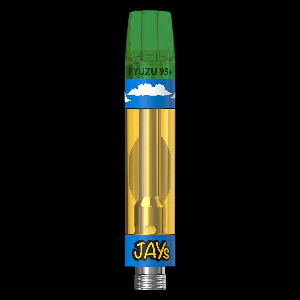 Jays Fyuzu 95+ cannabis vape cartridge with gold chamber, green mouthpiece, and blue band label