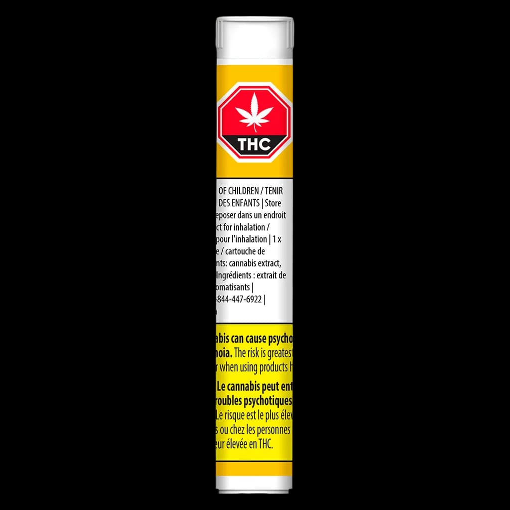 Jays cannabis vape cartridge 510 thread with yellow and red packaging, THC warning symbol, and bilingual regulatory text
