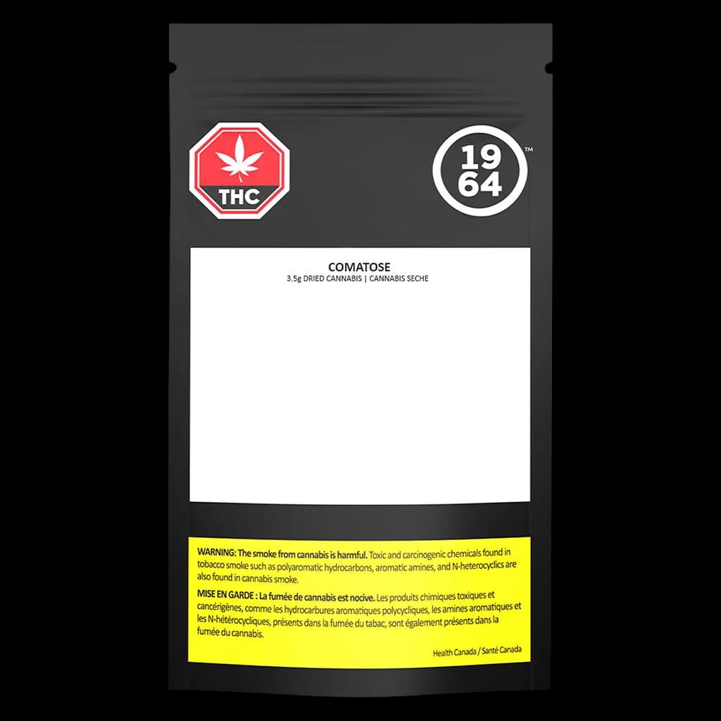 1964 Comatose 3.5g dried cannabis flower pouch with red THC warning symbol and yellow Health Canada warning label