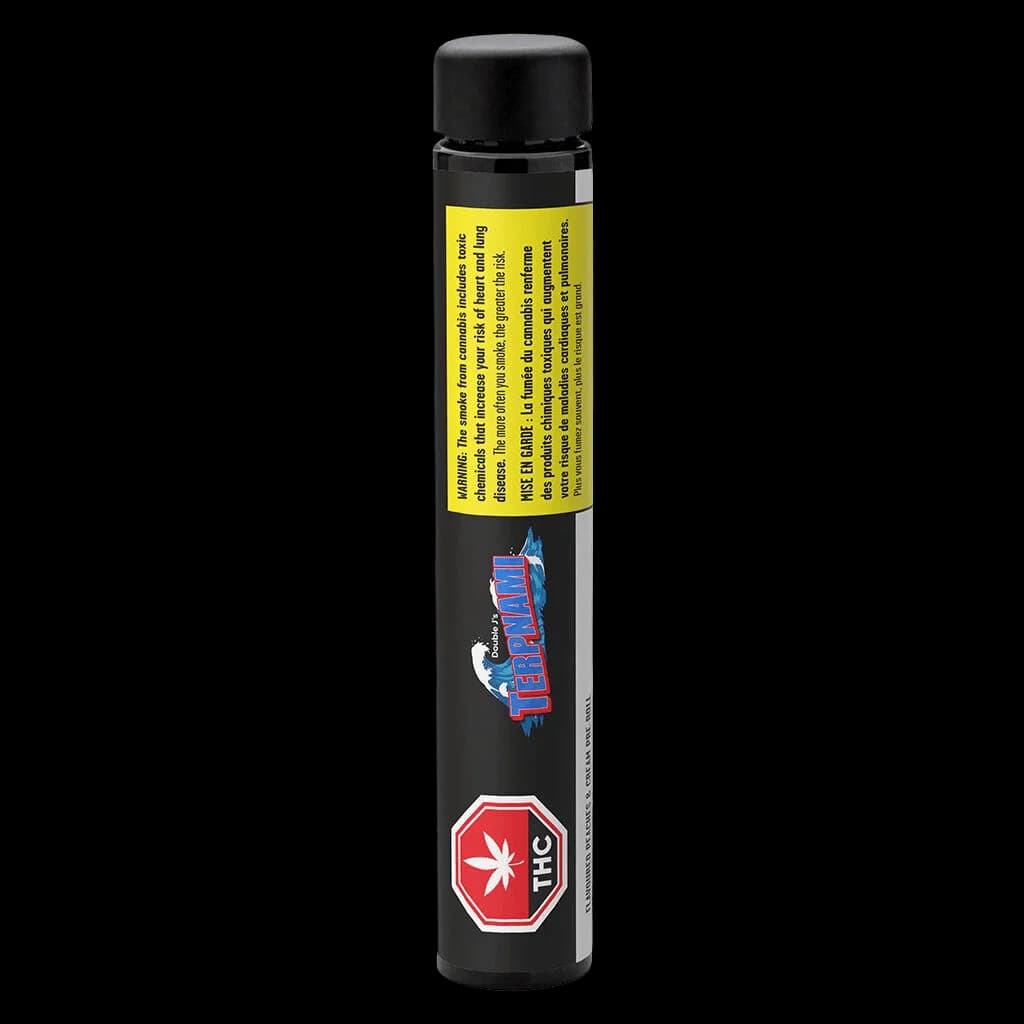 Pré-roulé de cannabis Peaches & Cream de Double J's Terpnami dans un tube noir avec étiquette d'avertissement jaune et symbole THC