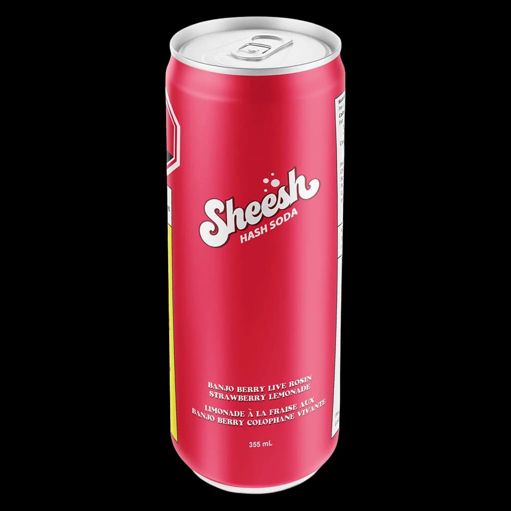Sheesh Hash Soda Banjo Berry Live Rosin Strawberry Lemonade 355mL cannabis beverage in pink aluminum can