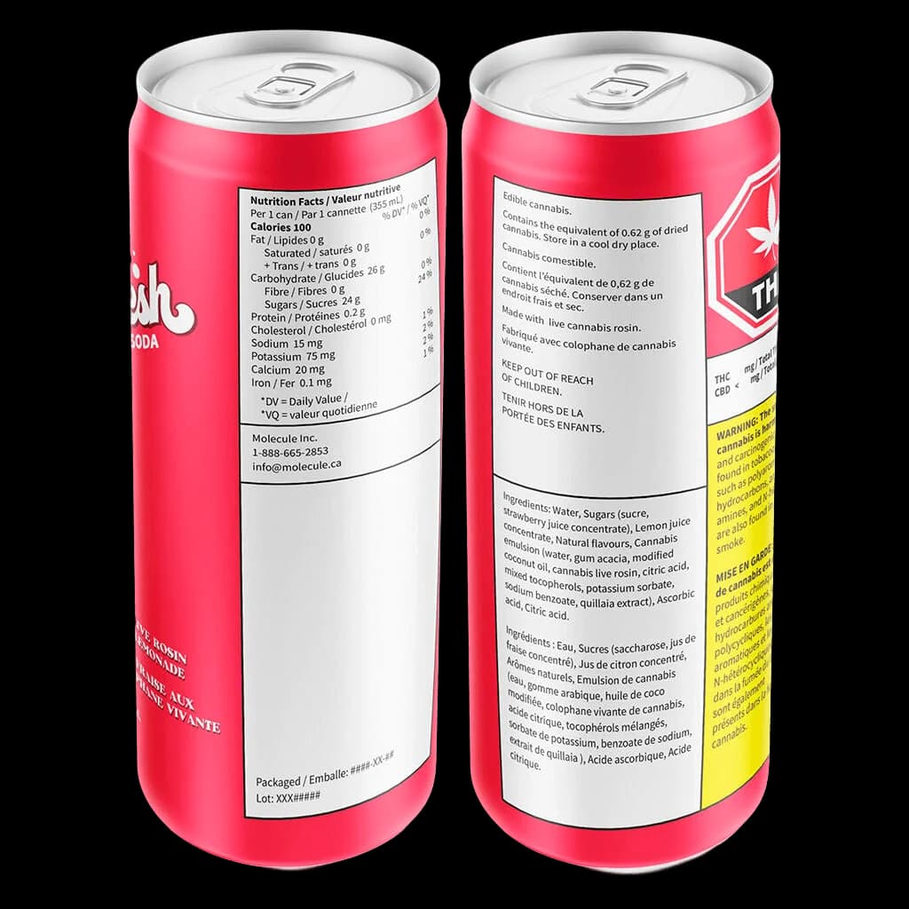 Sheesh Hash Sodas Banjo Berry Strawberry Lemonade cannabis beverage, 355ml can with nutrition facts and bilingual warning labels visible