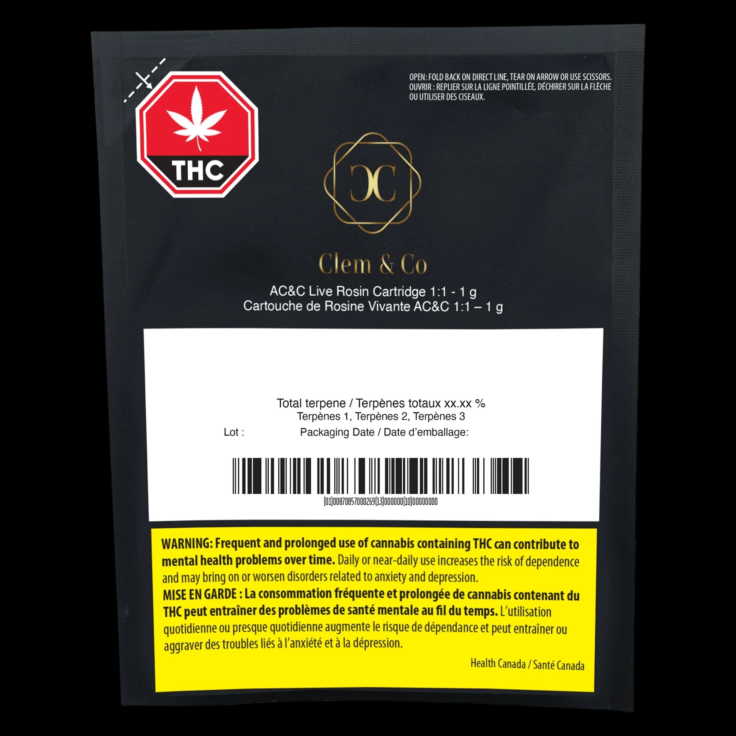 Clem & Co AC&C Live Rosin Cartridge 1:1 – 1g vape cartridge packaging with THC warning symbol and Health Canada label
