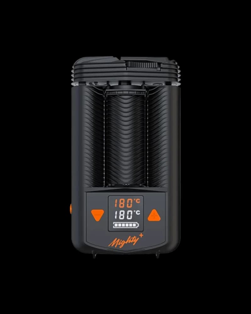 Storz & Bickel Mighty+ desktop vaporizer with black body, orange controls, and digital temperature display showing 180°C