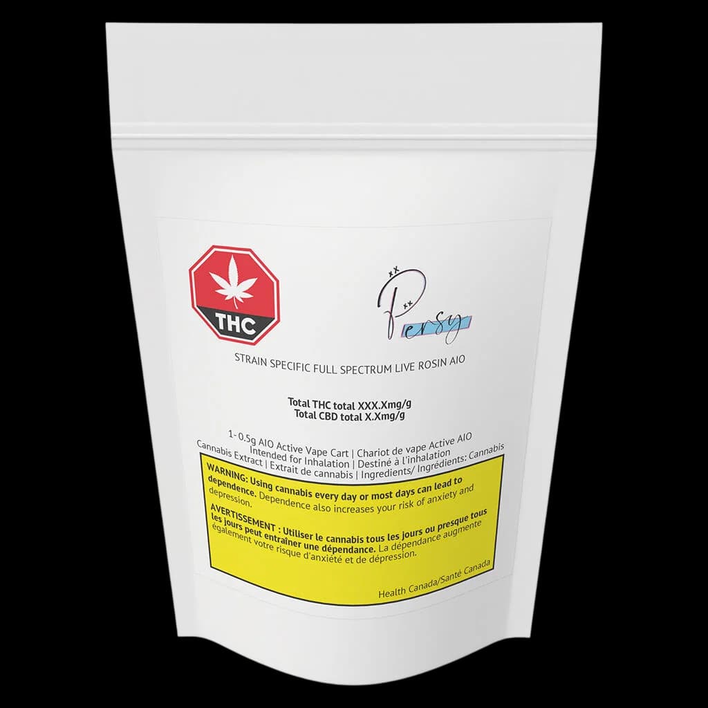 Persy strain specific full spectrum live rosin AIO cannabis vape cart, 0.5g active cartridge with THC warning label
