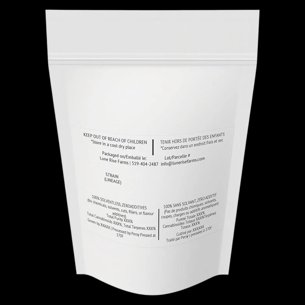 Persy cannabis concentrate packaging rear label showing strain lineage, storage instructions, and cannabinoid information for full spectrum live rosin product