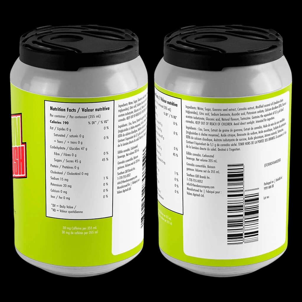 Versus Neon Rush cannabis beverage, 355 mL can with black top and neon green label showing nutrition facts and ingredients