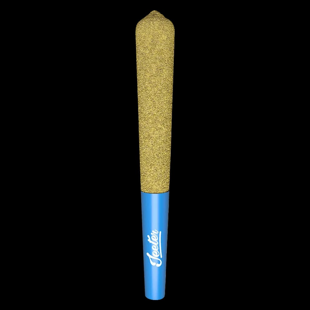 Jeeter Blue Dream infused pre-roll with olive-green cannabis material and blue filter tip