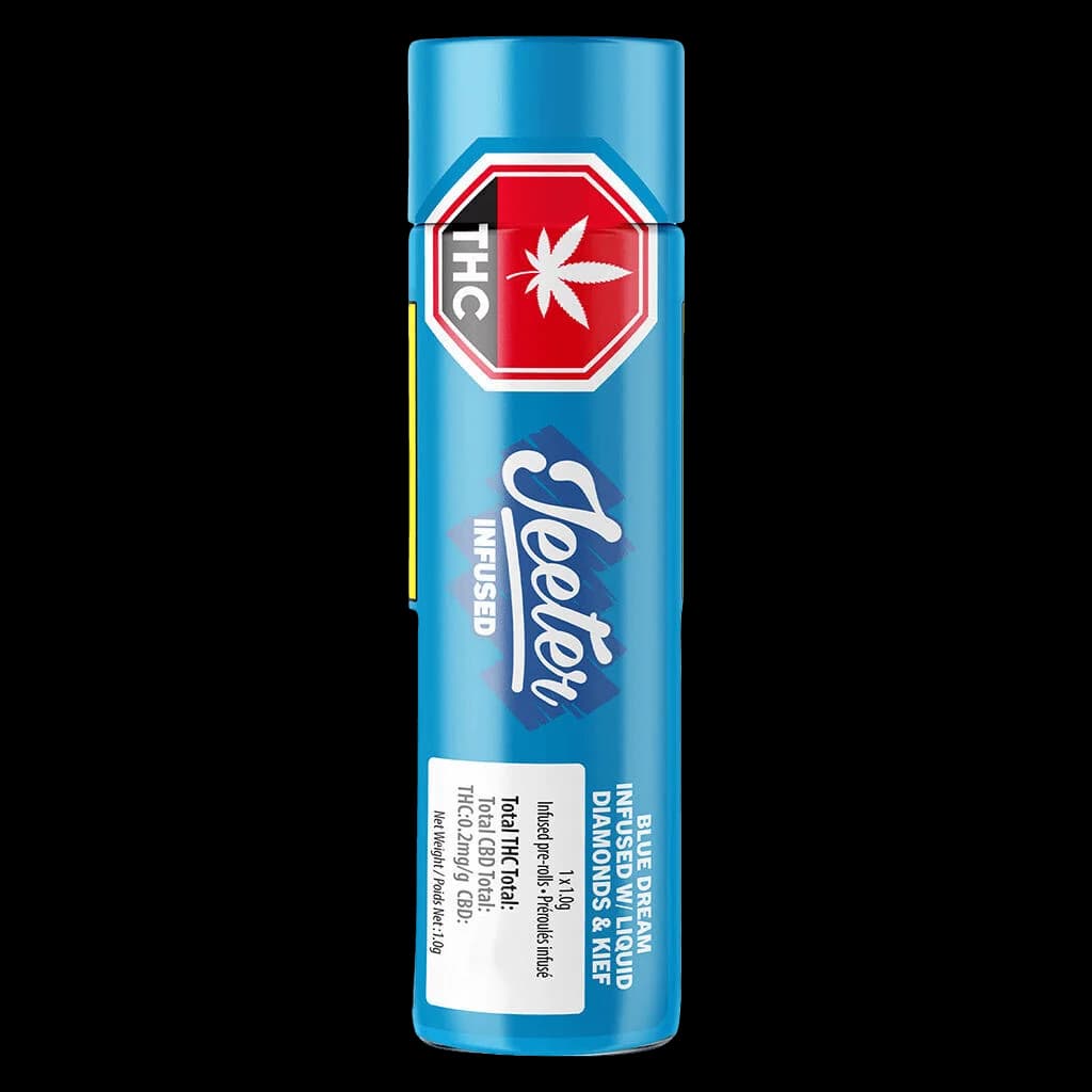Jeeter Infused Blue Dream pre-roll tube, blue packaging with red THC badge and white cannabis leaf logo