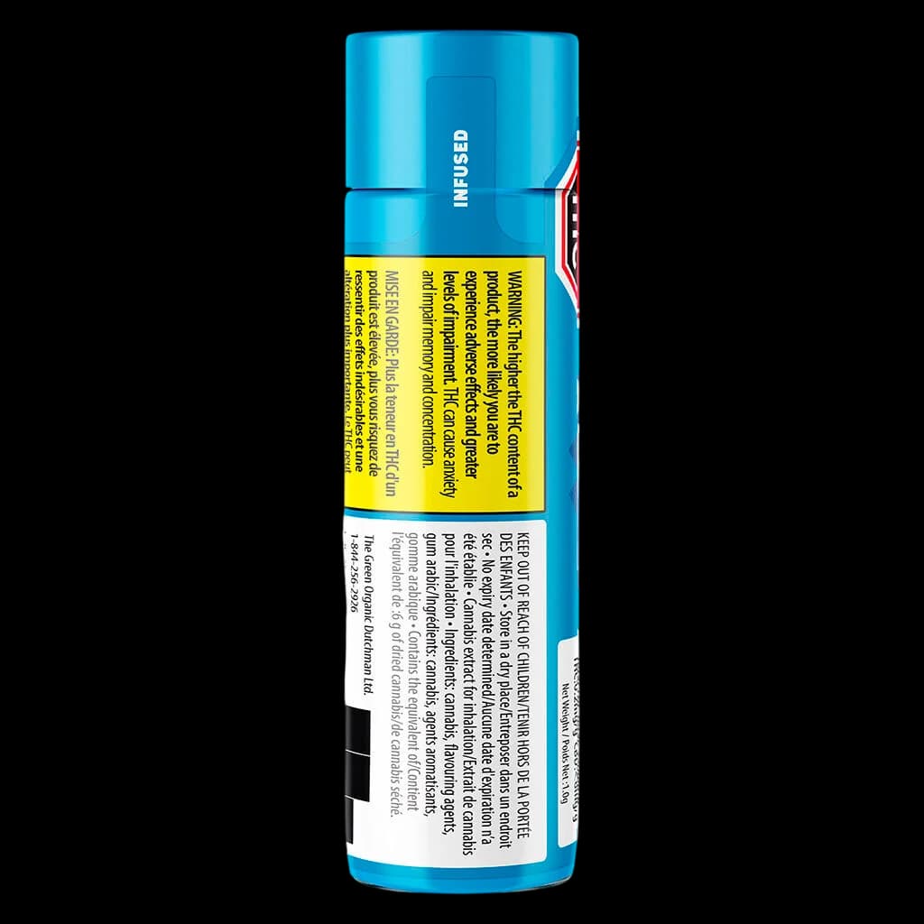Jeeter Infused Blue Dream pre-roll pack, blue cylindrical tube with yellow warning label and product information
