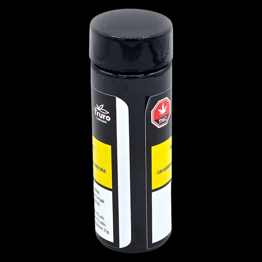 Paquet de pré-roulés Truro Pinners avec étiquette noire et jaune, symbole d'avertissement THC rouge, 3,5 g