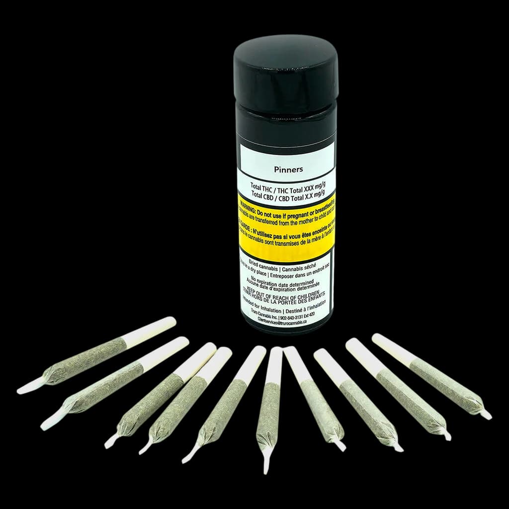 Emballage de pré-roulés Pinners avec bouchon noir et étiquette d'avertissement jaune de Santé Canada, présenté avec 10 pré-roulés de cannabis individuels disposés en éventail