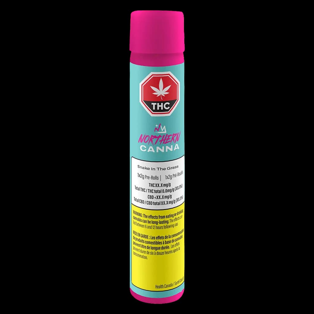 Northern Canna Snake in The Grass pre-roll pack with pink cap, turquoise and yellow packaging showing THC warning symbol and Health Canada caution label