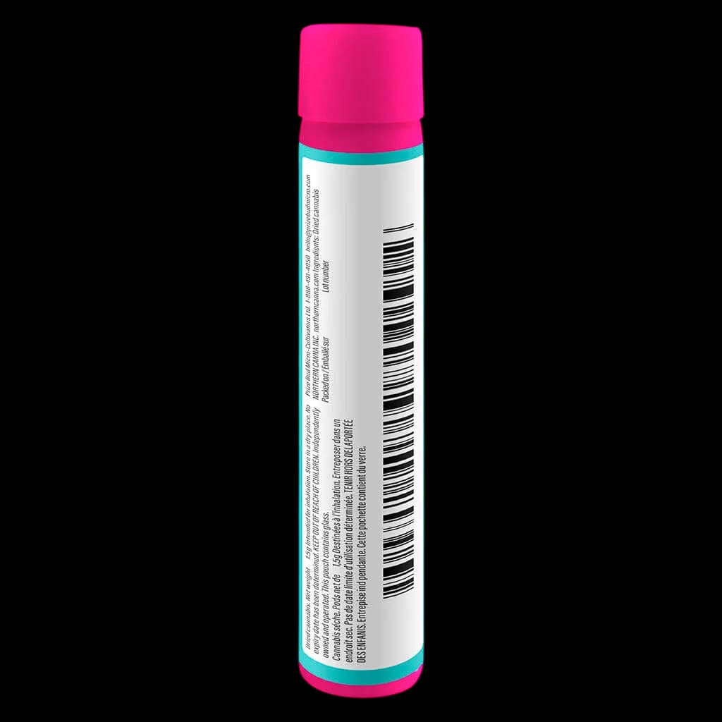 Northern Canna Snake in the Grass rosin-infused pre-roll in pink and turquoise packaging with barcode
