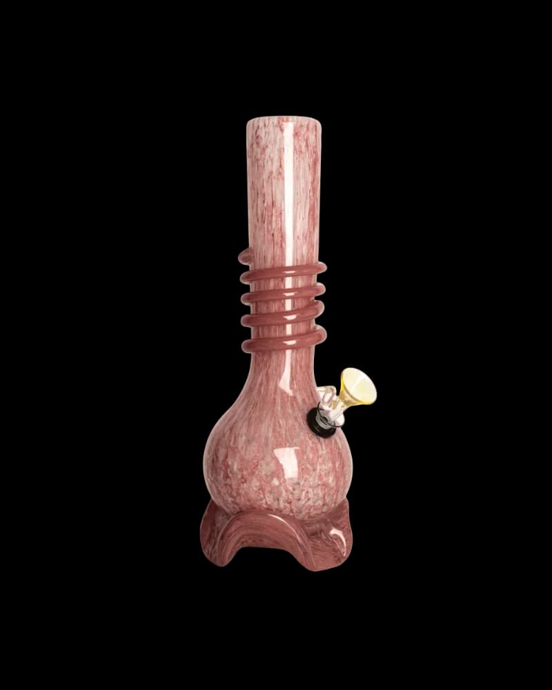 Pink marbled glass water pipe with rounded base, wrapped stem, and yellow bowl attachment for cannabis consumption