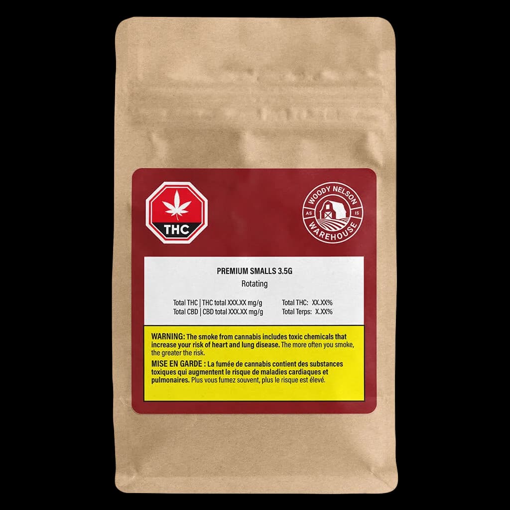 Woody Nelson Premium Smalls 3.5g cannabis dried flower in kraft pouch with red label and yellow Health Canada warning