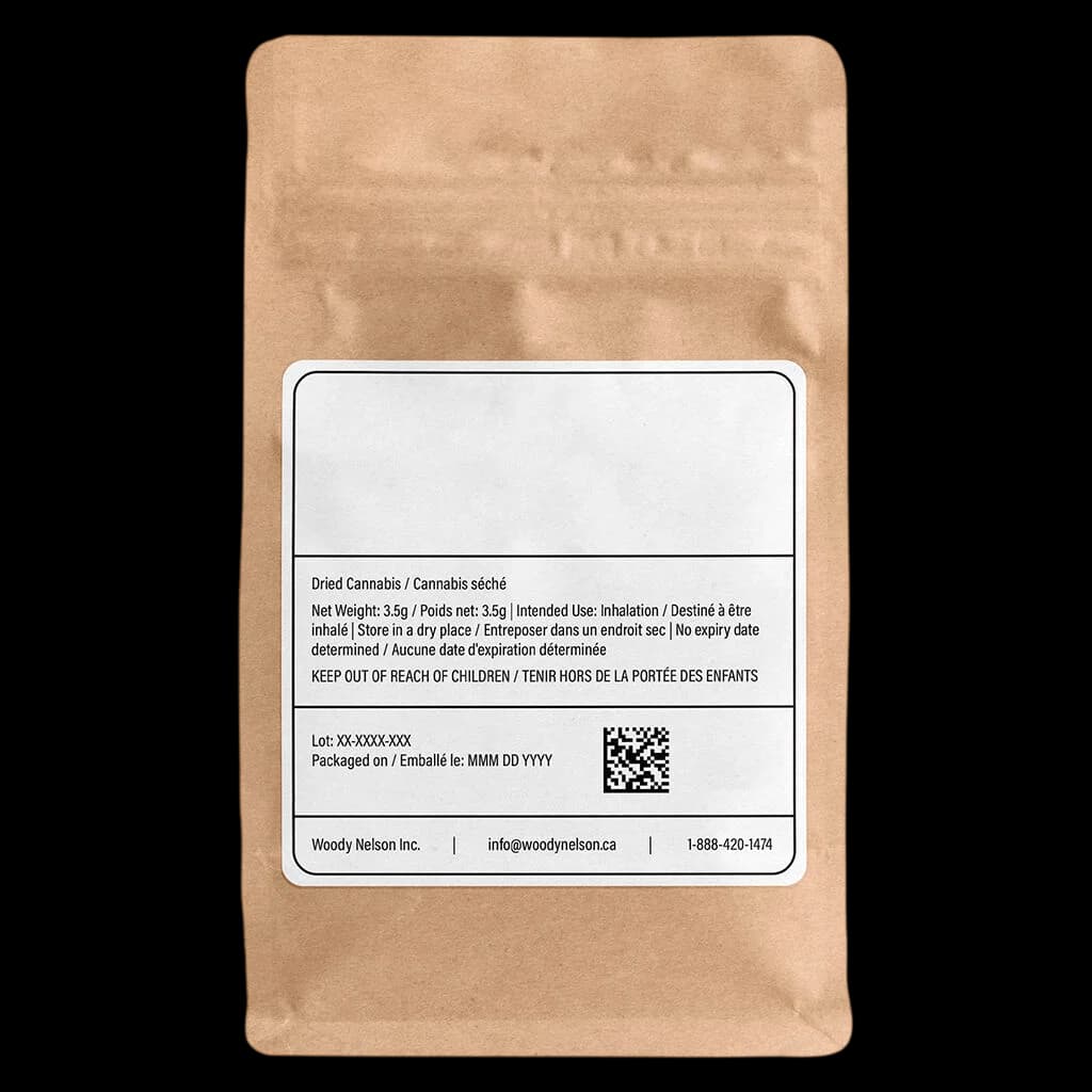 Woody Nelson dried cannabis flower 3.5g pouch with regulatory label showing net weight and usage instructions
