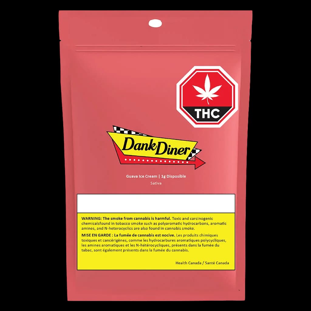 Dank Diner Guava Ice Cream 1g disposable vape pen packaging with THC symbol, red pouch design, and Health Canada warning label