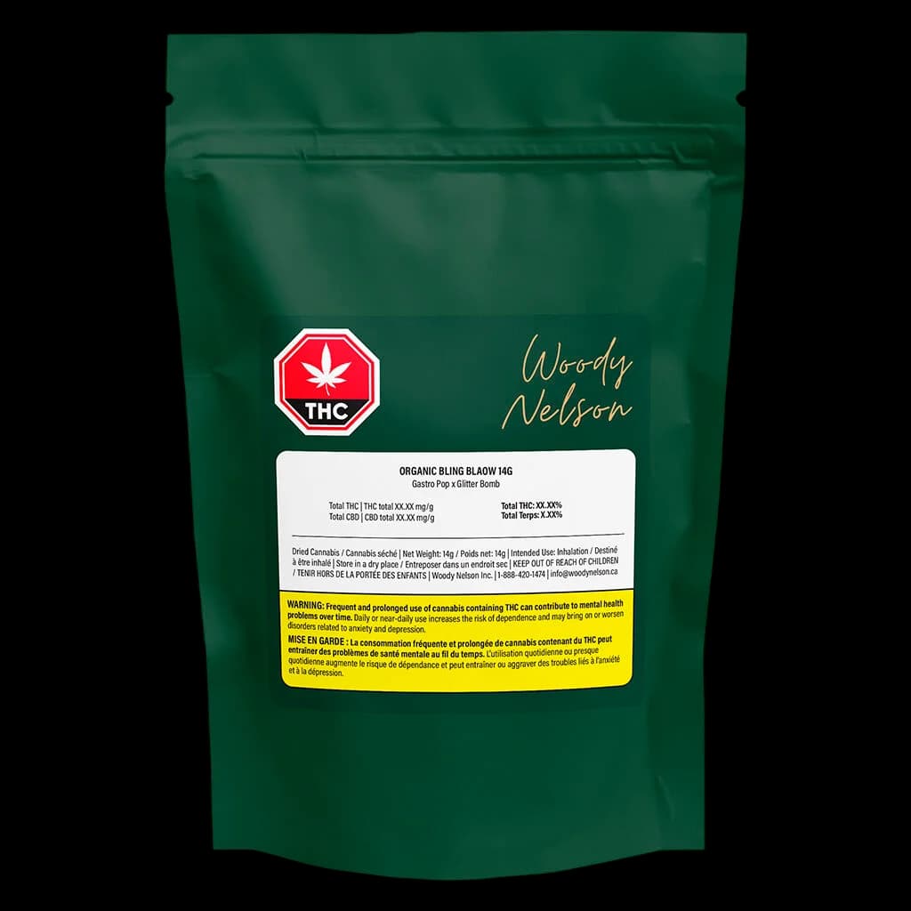 Woody Nelson Organic Bling Blaow 14g cannabis dried flower pouch with red THC warning symbol on dark green packaging