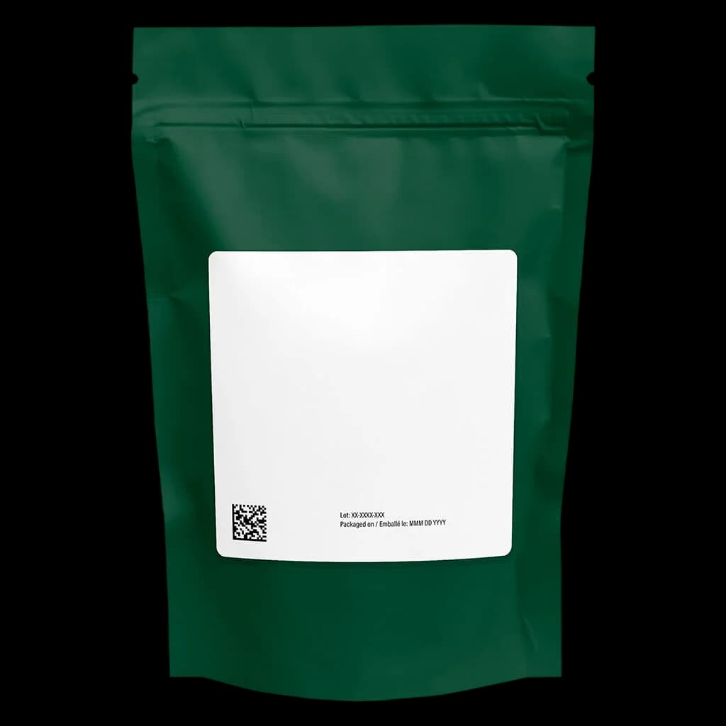 Fleur artisanale biologique Bling Blaow de Woody Nelson dans une pochette refermable vert foncé avec fenêtre d'étiquette vierge
