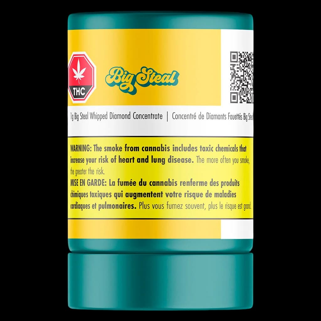Big Steal 1g Whipped Diamond Concentrate jar with teal lid and yellow label featuring THC warning symbol and QR code
