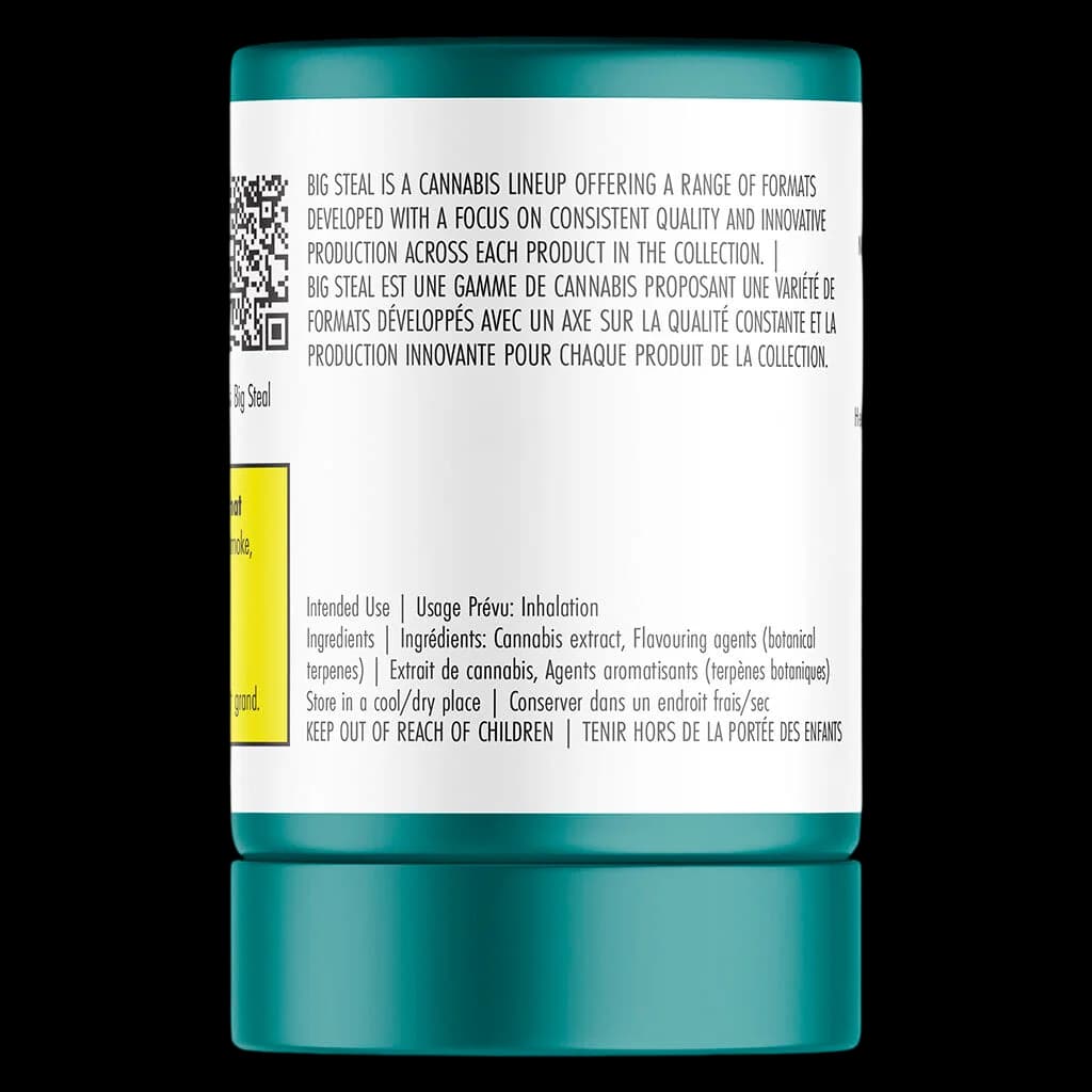 Big Steal Strawberry Whipped Diamond Concentrate jar rear label showing ingredients, intended use for inhalation, and storage instructions