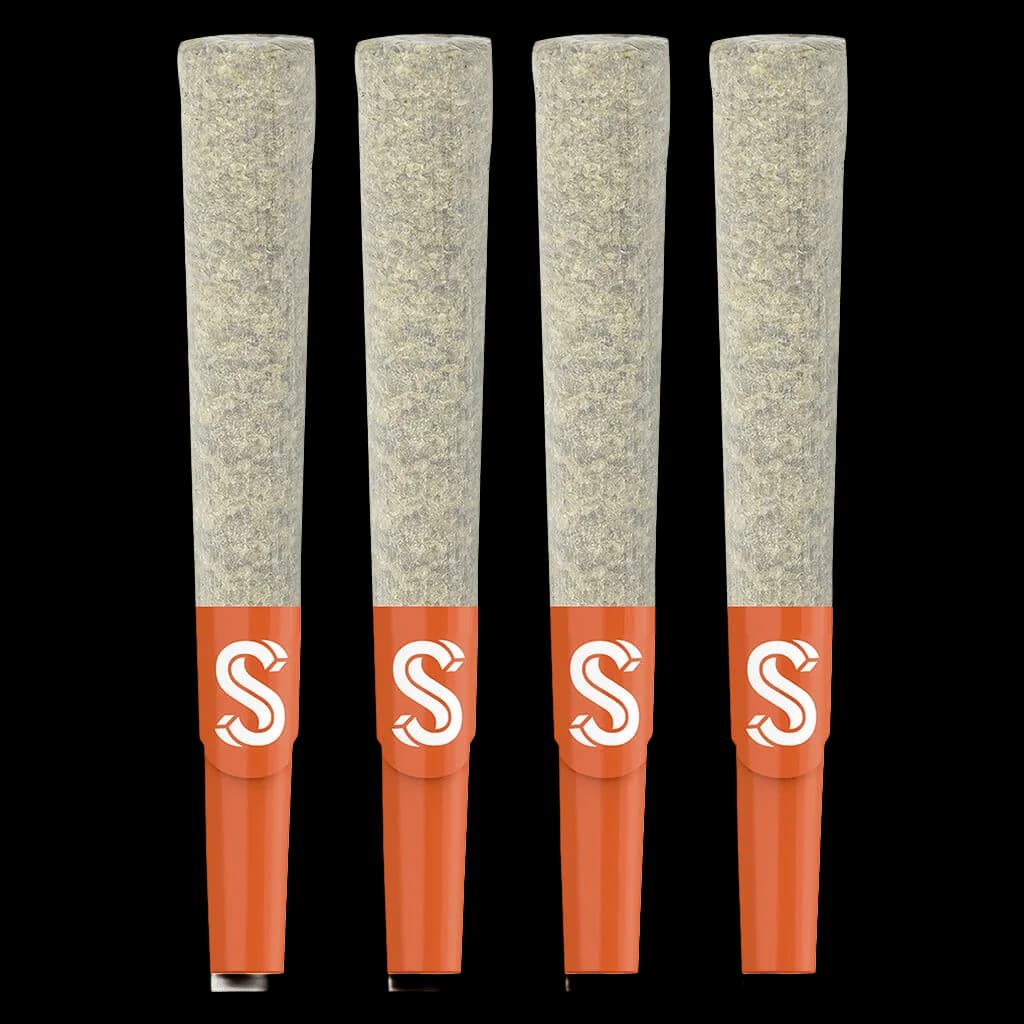 Sherbinskis True GLTO 33 paquet de quatre pré-roulés doublement infusés avec embouts filtrants orange et fleurs de cannabis séchées visibles