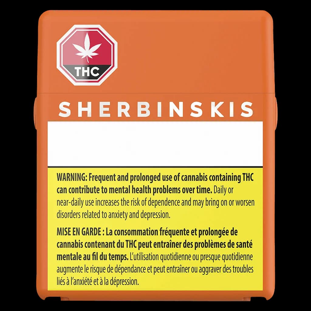 Emballage de cannabis Sherbinskis avec symbole d'avertissement THC et mise en garde de Santé Canada sur fond orange et jaune