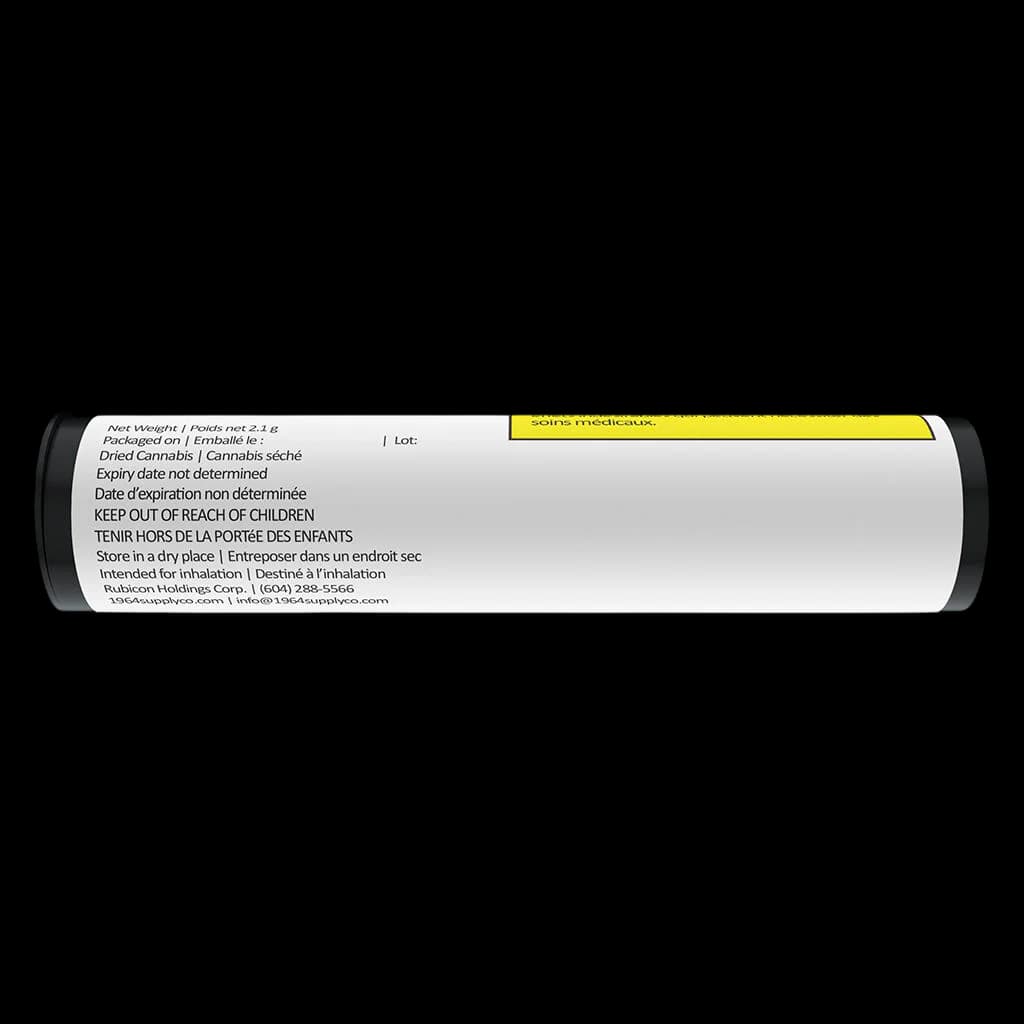 1964 Blue Dream pre-roll, 2.1g dried cannabis in white tube with black caps and yellow medical cannabis label