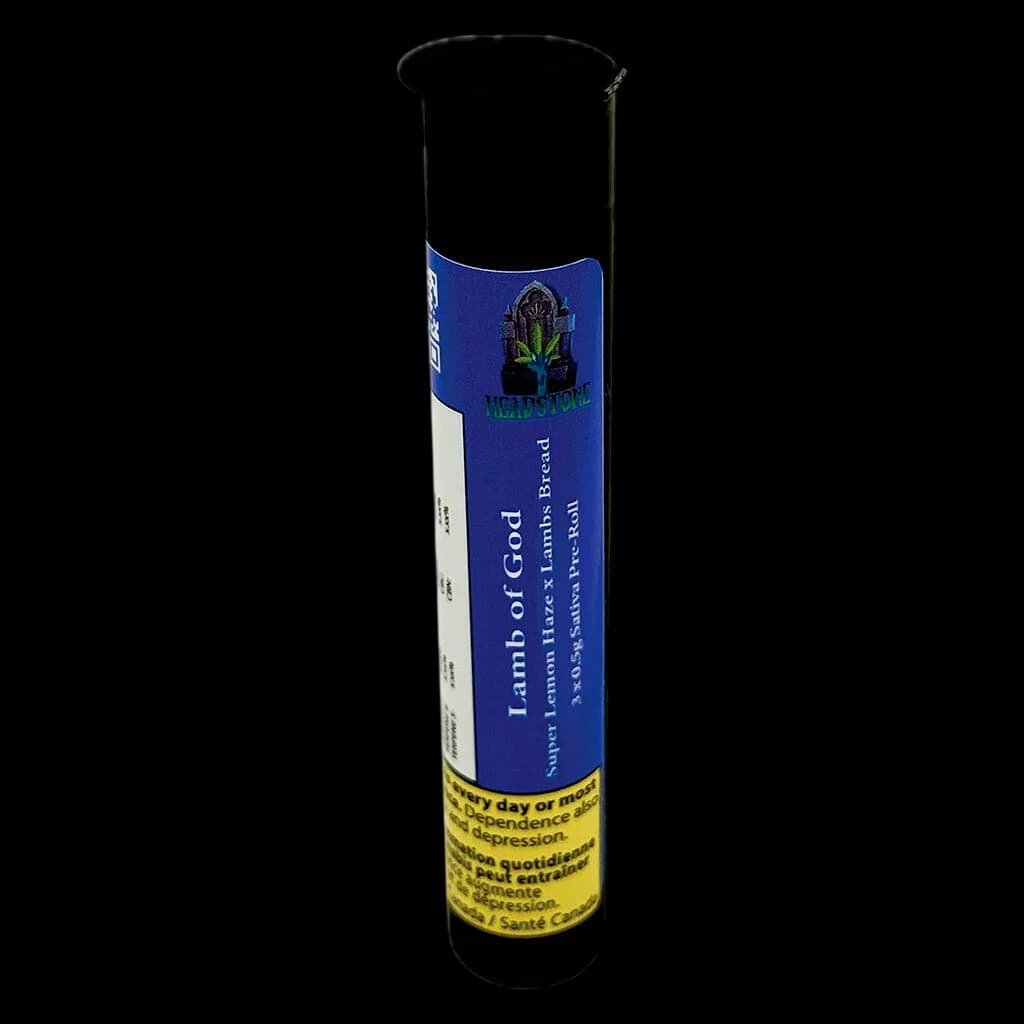 Préroulé Lamb of God de Headstone Cannabis, emballage bleu et blanc, capuchon noir et étiquette d'avertissement jaune de Santé Canada
