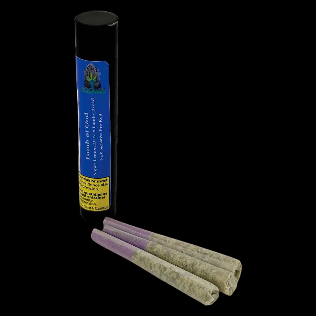 Emballage de pré-roulés Lamb of God de Headstone Cannabis avec trois pré-roulés de cannabis, papiers à embout mauve