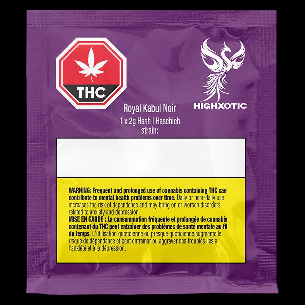 Emballage de haschisch HighXotic Royal Kabul Noir 1x2g avec fond violet, symbole d'avertissement THC rouge et étiquette d'avertissement jaune de Santé Canada