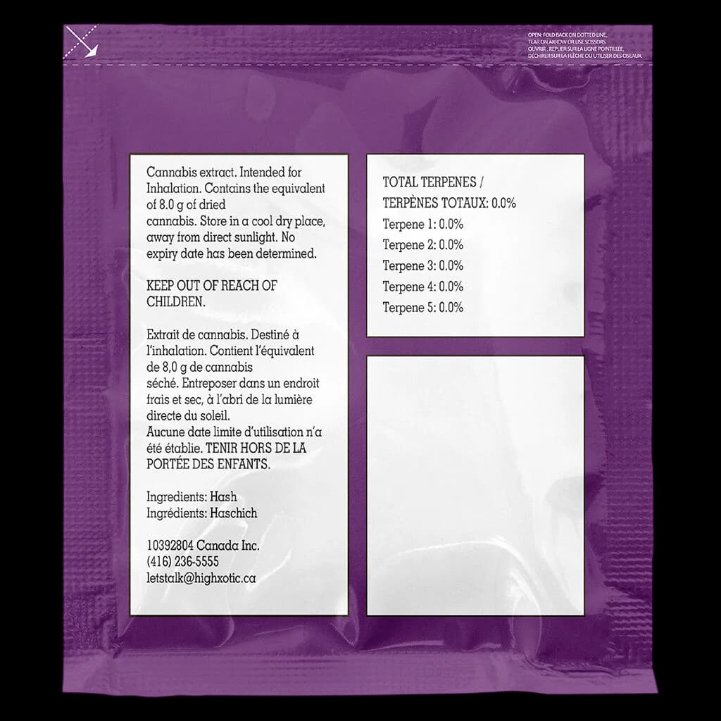 Dos de l'emballage violet de haschich HighXotic indiquant les instructions d'utilisation, le profil de terpènes à 0,0 % et la liste des ingrédients comprenant du haschich et 8,0 g d'extrait de cannabis