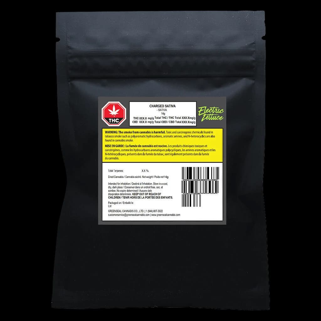 Pochette de cannabis à fleurs séchées Charged Sativa d'Electric Lettuce, sac noir refermable avec étiquette réglementaire indiquant la teneur en THC et l'avertissement de Santé Canada