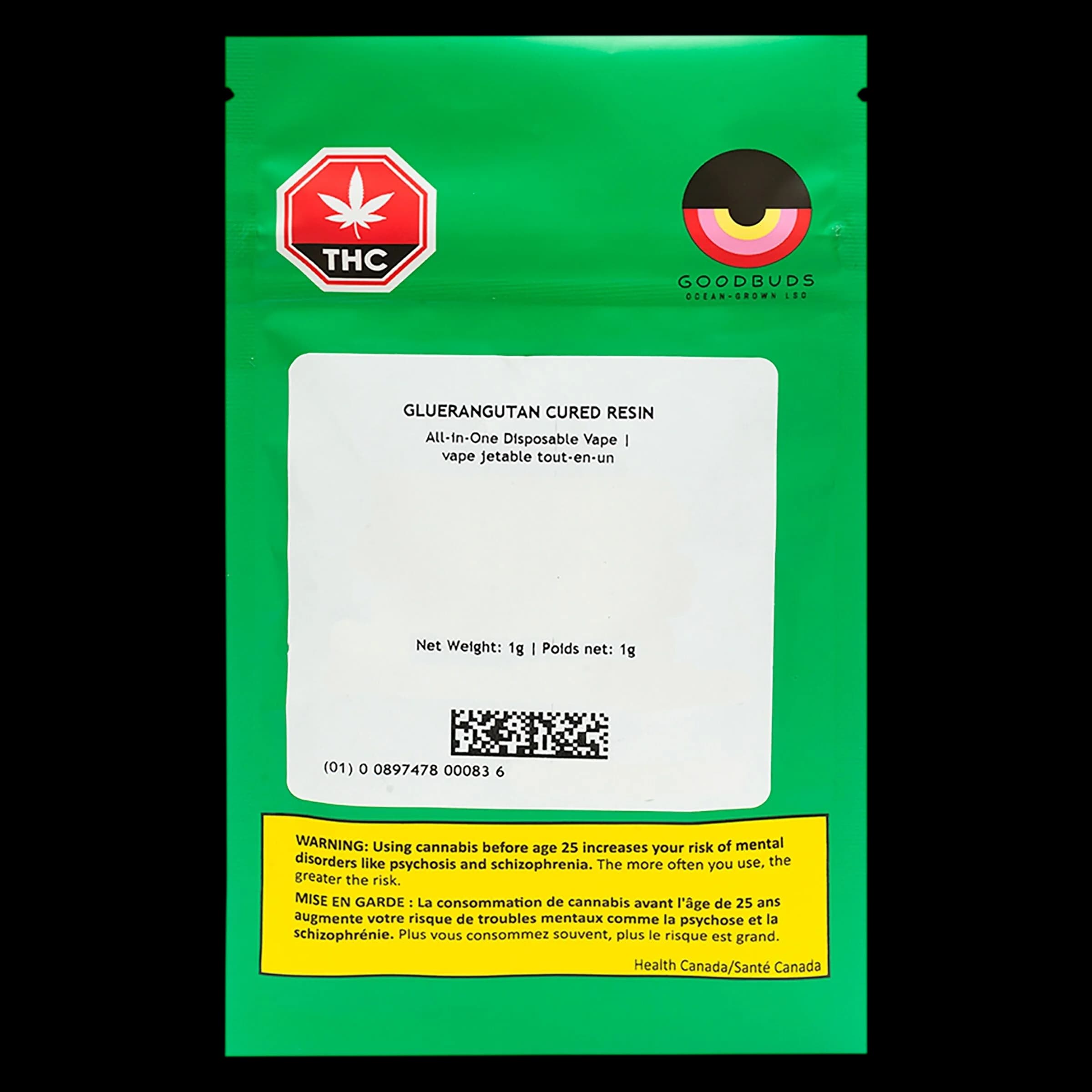 Goodbuds Gluerangutan Cured Resin 1g all-in-one disposable vape on green packaging with THC warning symbol and Health Canada label