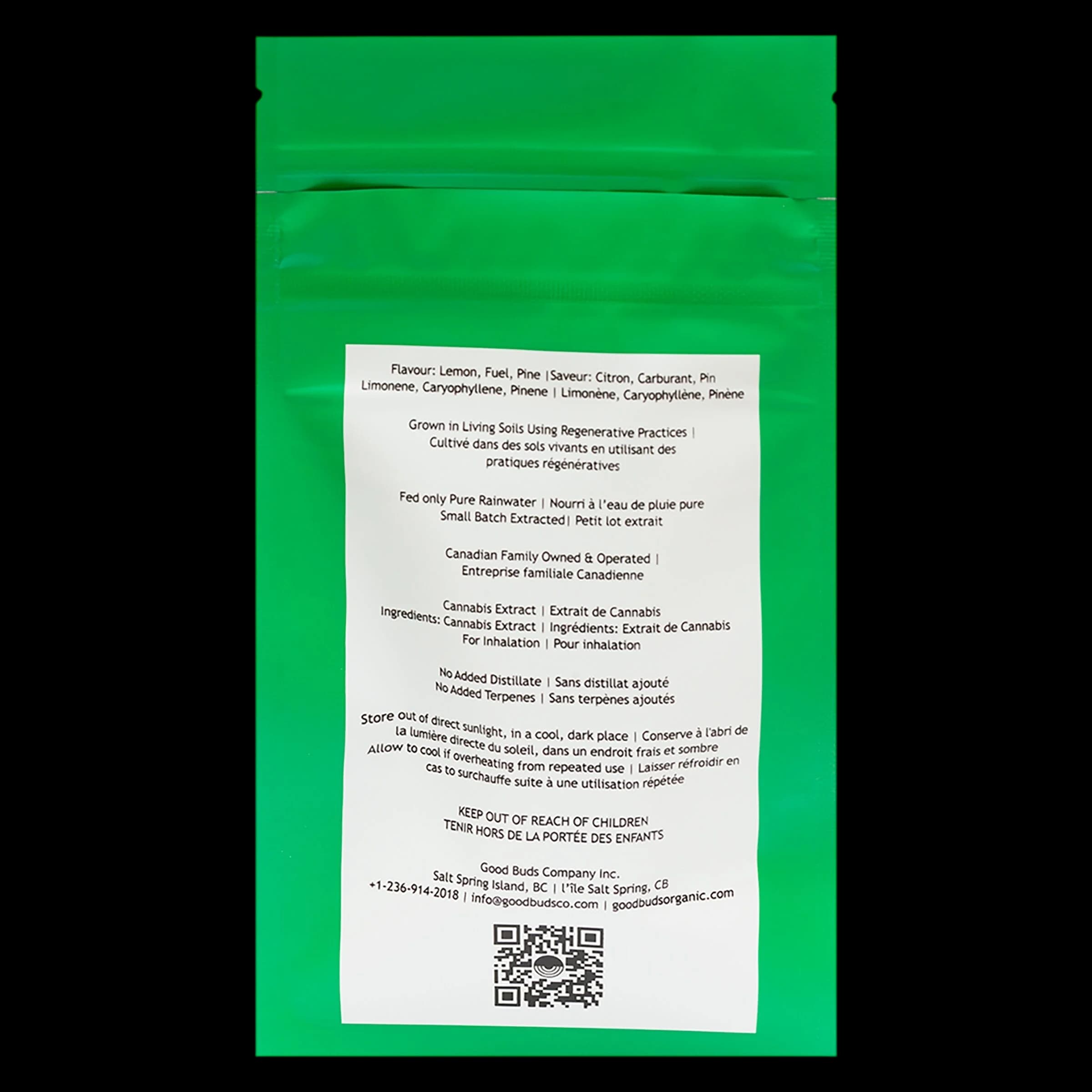 Good Buds Gluerangutan Cured Resin cannabis vape cartridge packaging rear label with terpene profile, ingredients, and regulatory information