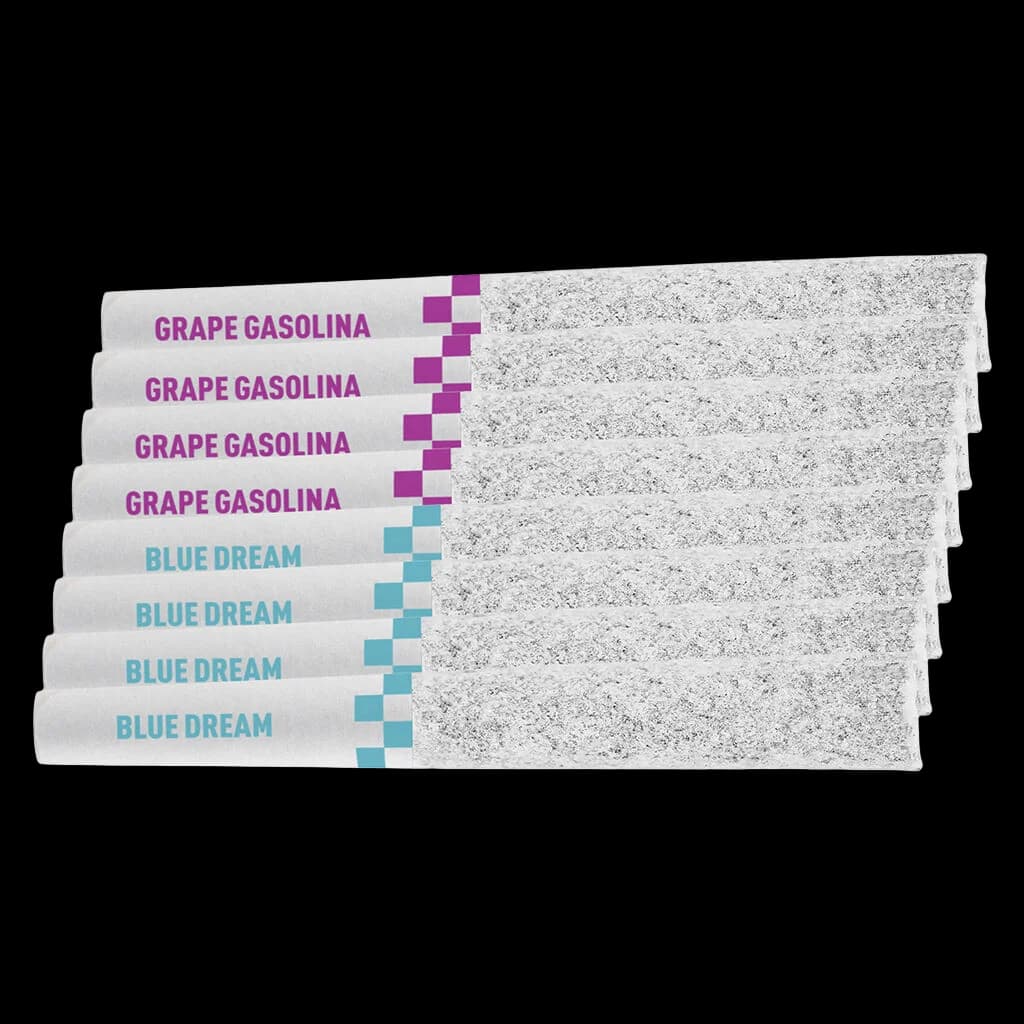 Claybourne Flyers Frosted Infused Berry Pack pre-rolls with Grape Gasolina and Blue Dream strain labels visible