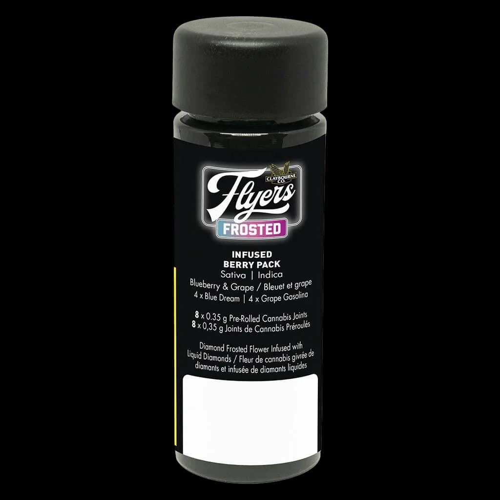 Flyers Frosted Infused Berry Pack pre-roll joints tube with black cap, showing 8 x 0.35g cannabis pre-rolls