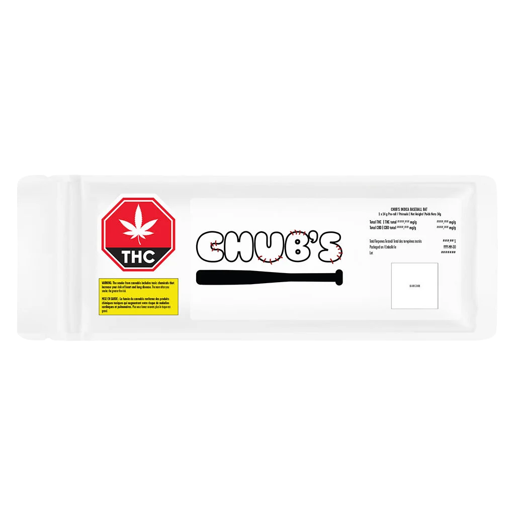 Chub's Indica Baseball Bat pre-roll package with red THC symbol, yellow Health Canada warning label, and product specifications visible