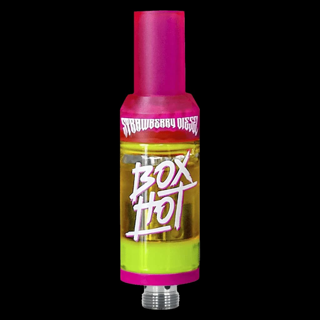 BOXHOT Strawberry Diesel 510 thread cannabis vape cartridge with pink cap and dual-tone liquid chamber
