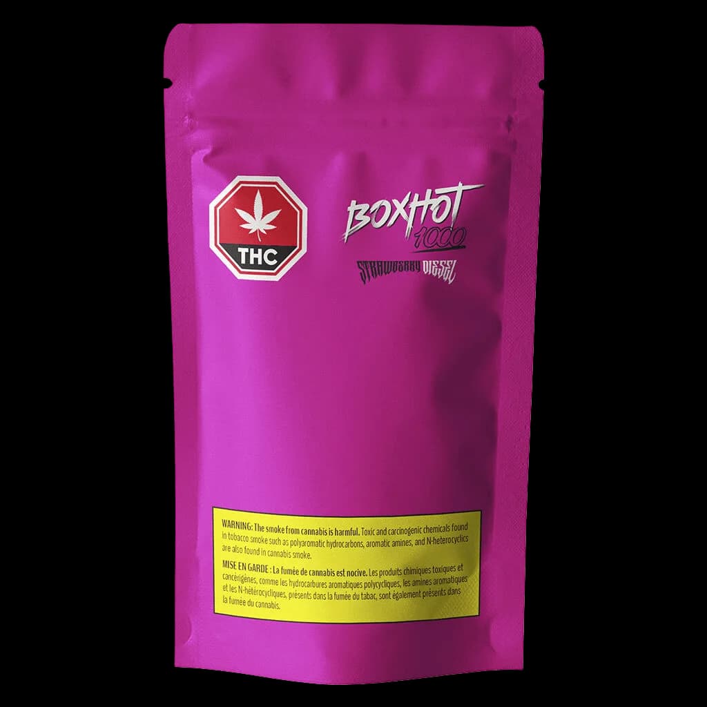 BOXHOT 1000 Strawberry Diesel 510 thread cannabis vape cartridge in magenta packaging with THC warning label