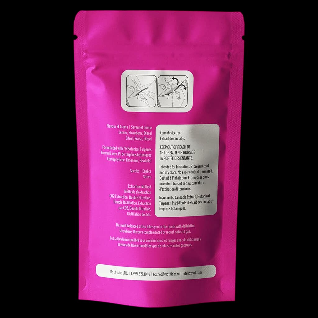 Boxhot 1000 Strawberry Diesel cannabis vape cartridge in bright pink pouch packaging with bilingual instructions and ingredient details