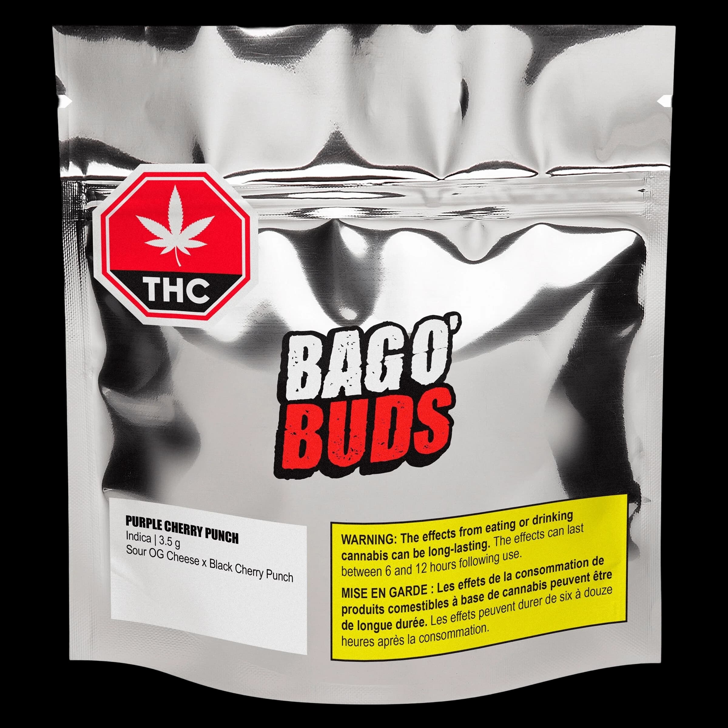 Bago Buds Purple Cherry Punch 3.5g dried flower package with red THC symbol and yellow Health Canada warning label