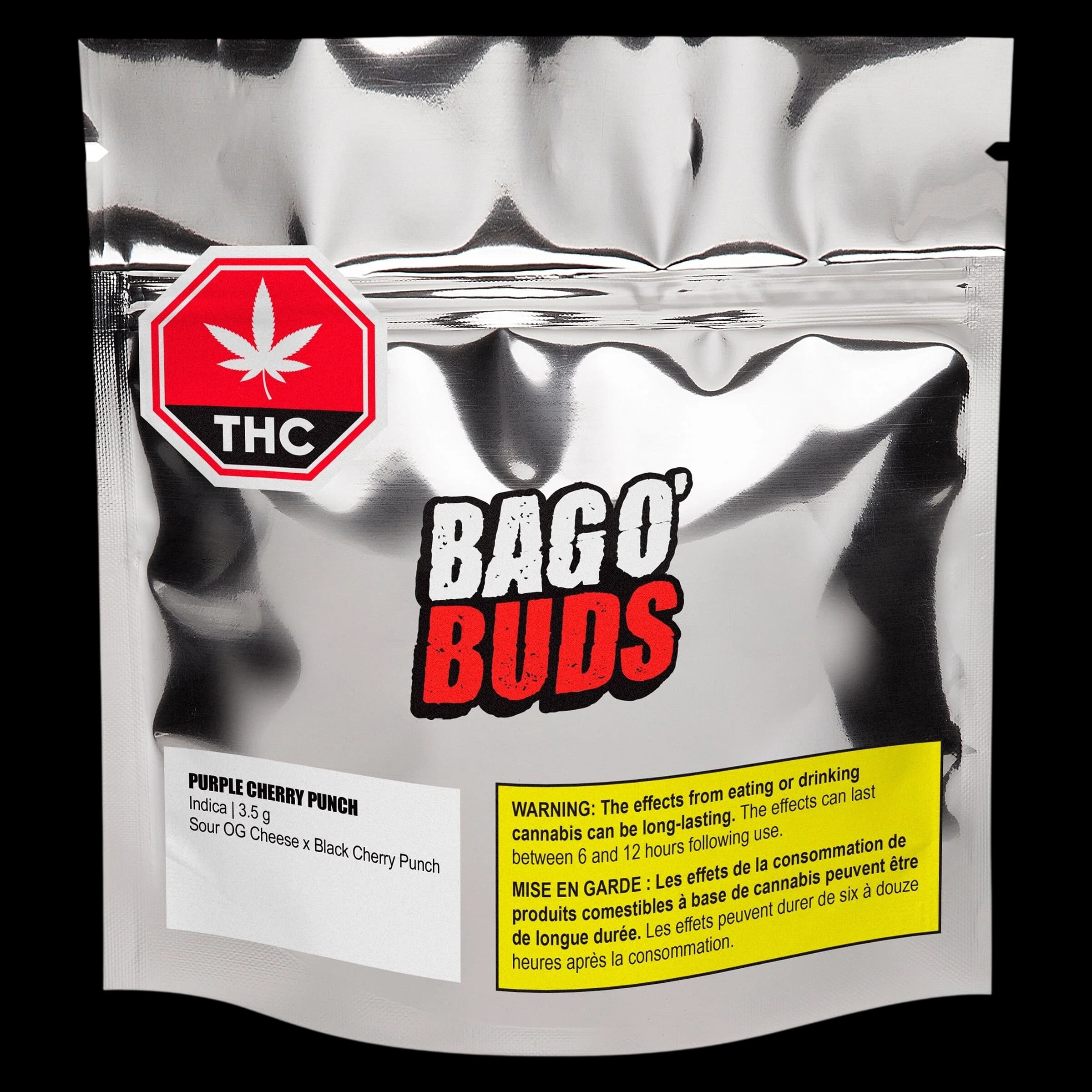 Bago Buds Purple Cherry Punch 3.5g dried flower pouch with THC warning symbol and yellow Health Canada label