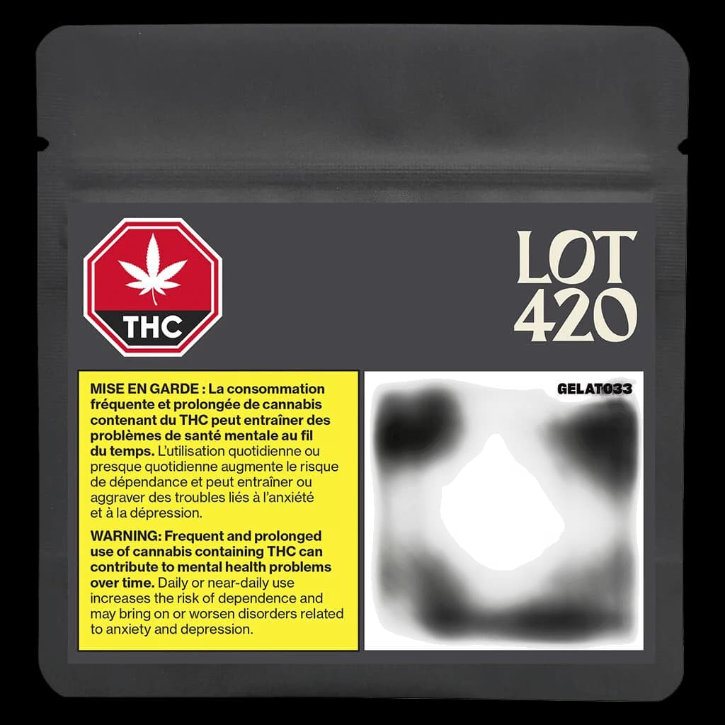 Emballage de fleurs séchées de cannabis Gelato 33 de LOT 420 avec symbole d'avertissement THC rouge et étiquette d'avertissement en santé mentale jaune de Santé Canada