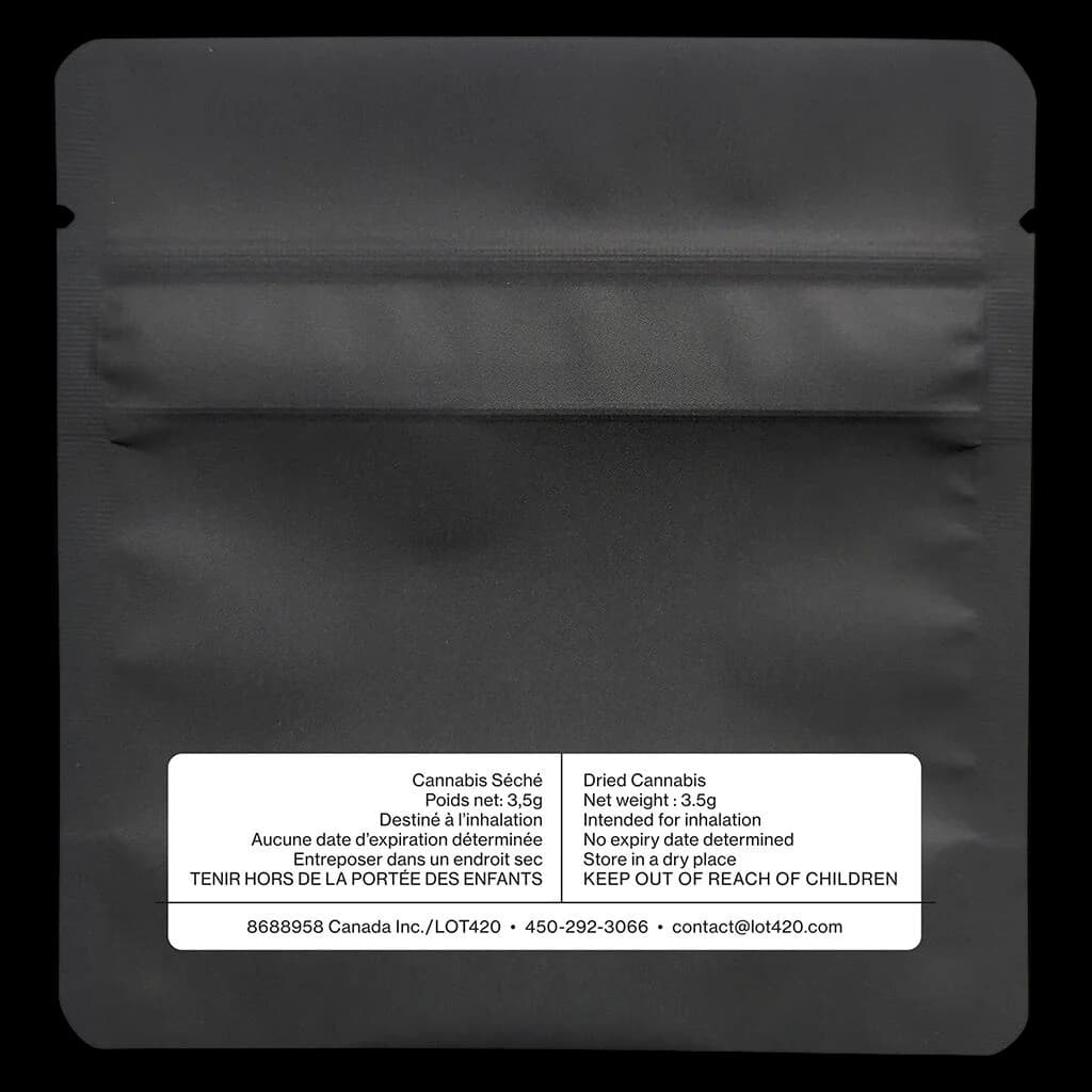 LOT420 Gelato 33 3.5g dried cannabis flower in black opaque pouch with bilingual label and child safety warnings