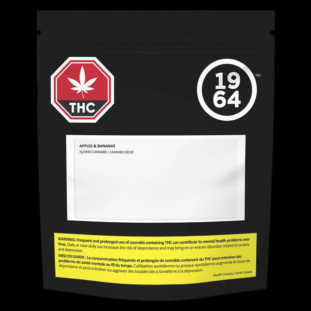 Sachet de 7 g de fleurs de cannabis séché Apples & Bananas de 1964, avec symbole d'avertissement THC et étiquette de Santé Canada