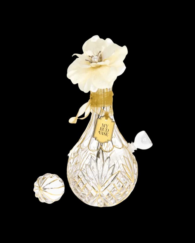 My Bud Vase Stardust crystal bong with gold accents and cream flower in neck